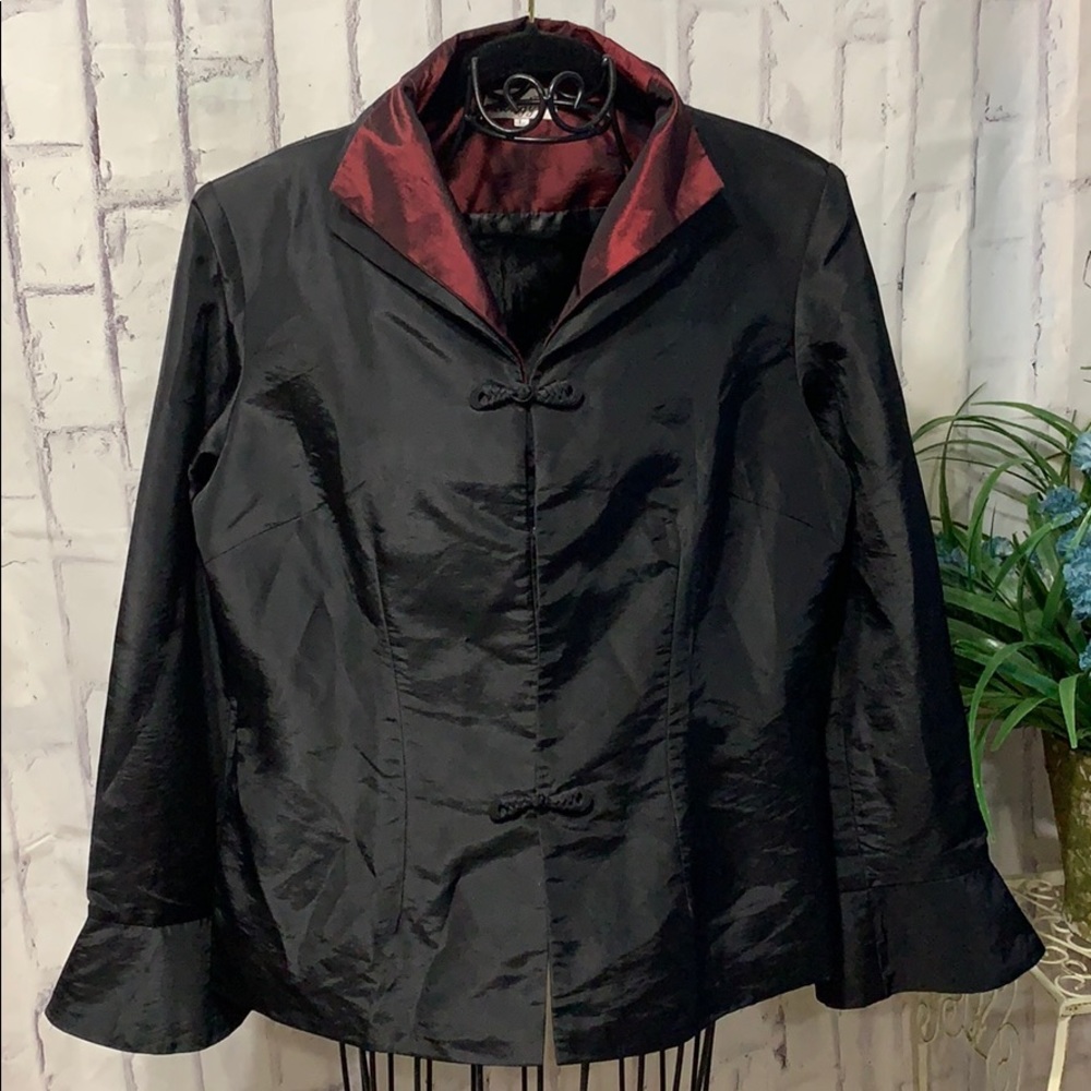 Qiongyu Chinese Double Collar Jacket Black with Ruffled Bell Sleeves Blazer